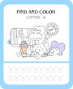 Find and color Letter A. Funny cartoon unicorn. Animals alphabet a Coloring page. Printable worksheet. Unicorns is sitting at a pa
